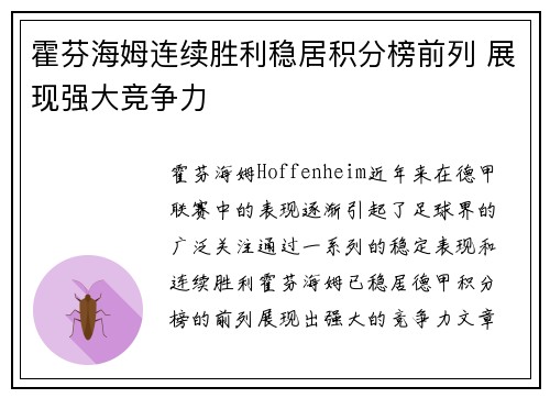 霍芬海姆连续胜利稳居积分榜前列 展现强大竞争力