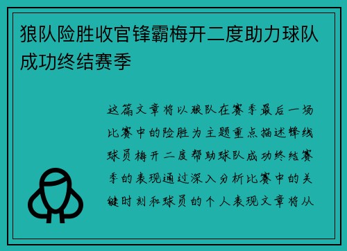 狼队险胜收官锋霸梅开二度助力球队成功终结赛季